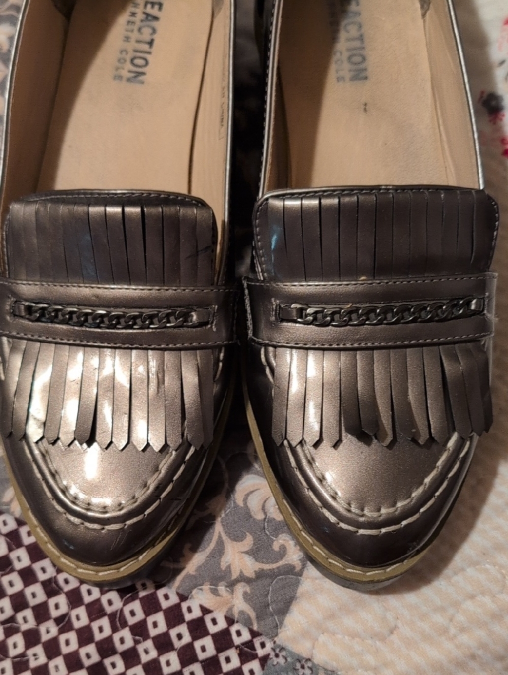 Kenneth Cole Reaction Metallic Pewter Fringe/Chain Loafers